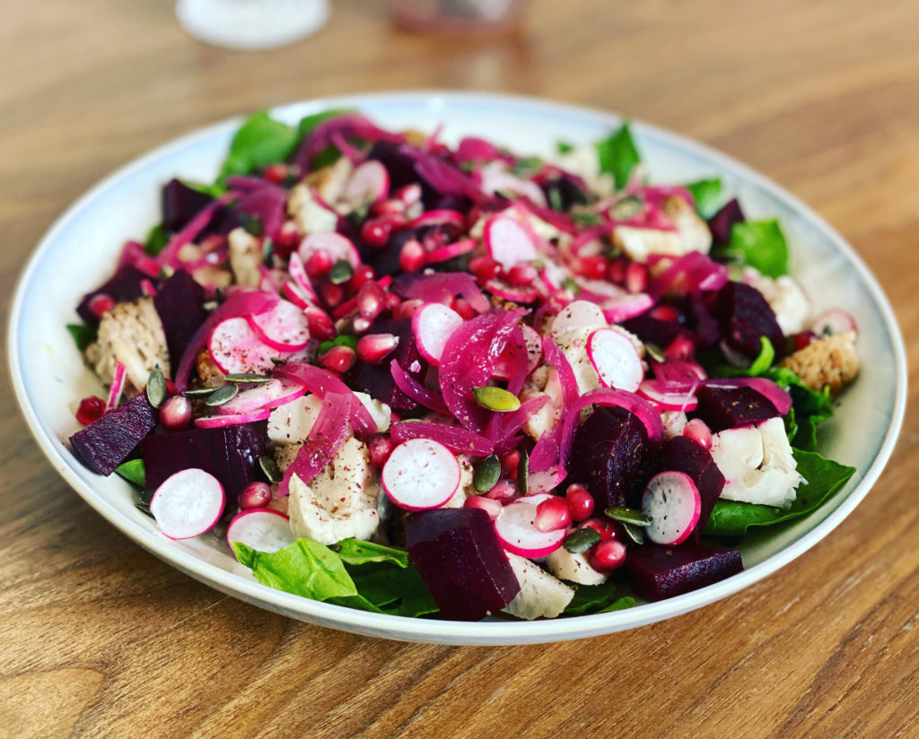 Salade de légumes crus & cuits Merlan frit cuisine